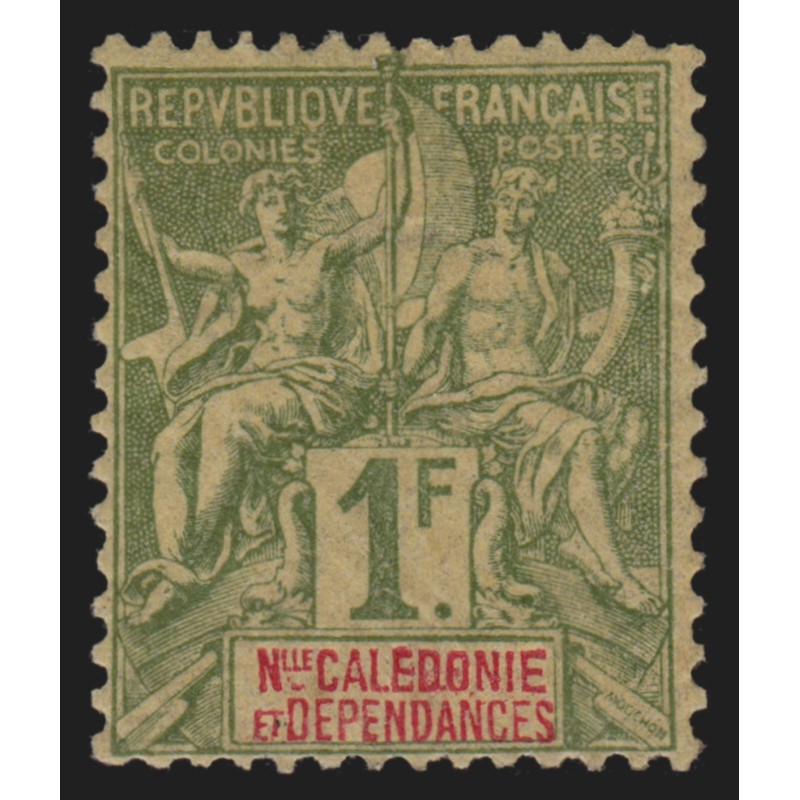 NOUVELLE-CALEDONIE n°53, 1fr olive, neuf * avec légère trace de charnière - TB