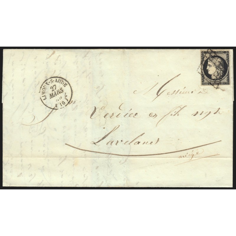 n°3, Cérès 20c noir, oblitéré LIMOUX-SUR-AUDE 1849 lettre pour Lavelanet - TB