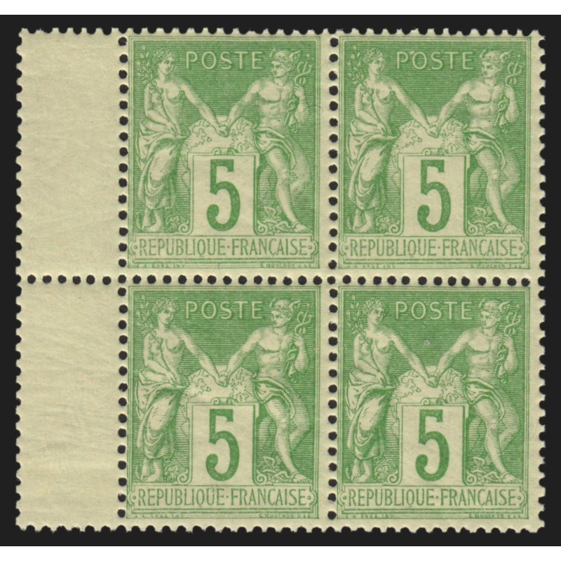 n°102, bloc de quatre interpanneaux, Sage 5c vert-jaune, Type I, neuf ** - TB