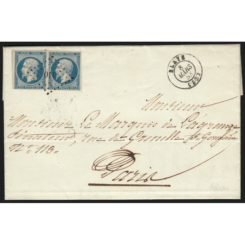 n°10 paire, Présidence 25c bleu, oblitéré PC 410 BLAYE lettre pour Paris - TB