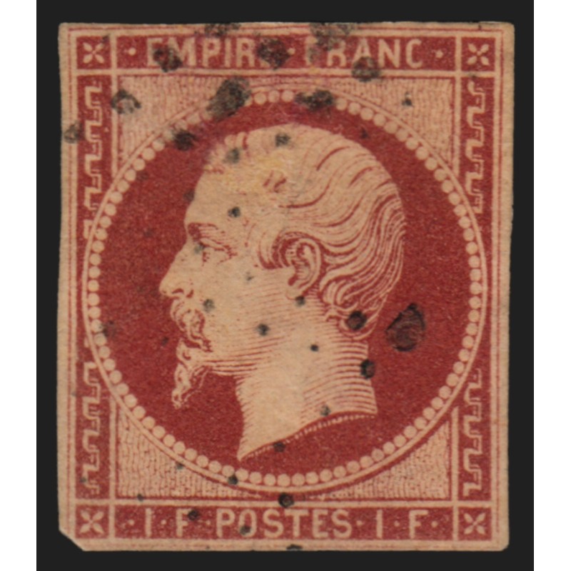 n°18, Napoléon non-dentelé 1853, 1fr carmin, oblitéré, signé CALVES - B/TB