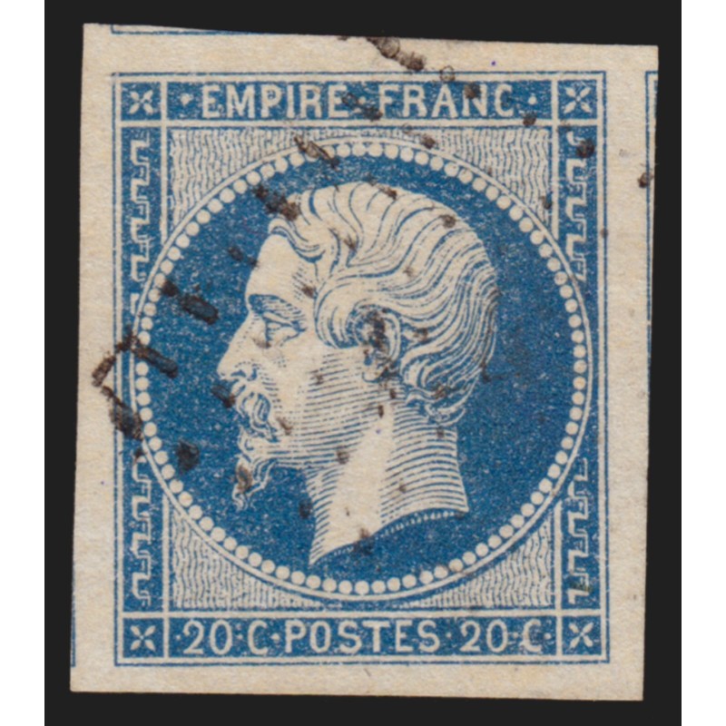 n°14A, Napoléon non-dentelé, 20c bleu, Type I, oblitéré - SUPERBE