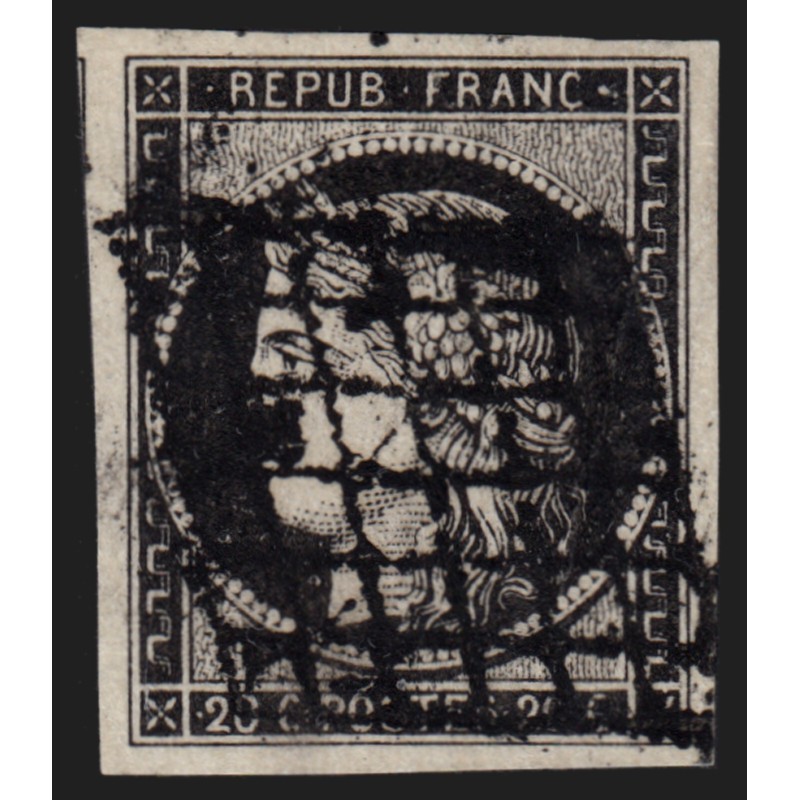 n°3a, Cérès 1849, 20c noir sur blanc, oblitéré grille - TB