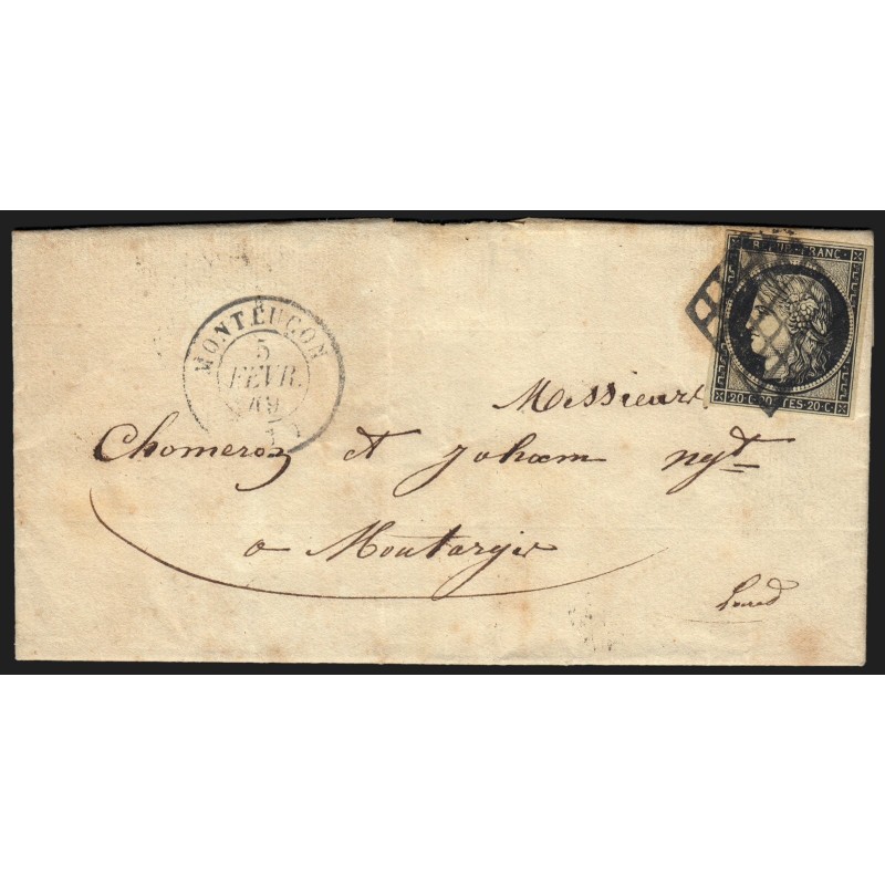 n°3, Cérès 20c noir, oblitéré MONTLUCON 1849 lettre pour Montargis - TB