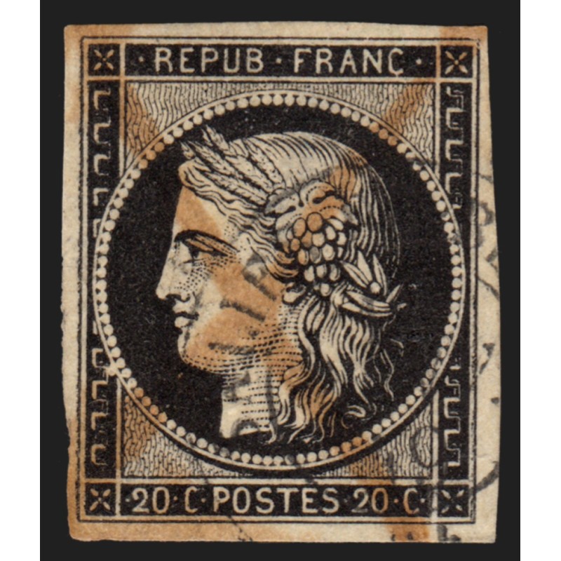 n°3, Cérès 20c noir oblitéré Janvier 1849 càd SALIES-DE-BEARN + plume - B/TB