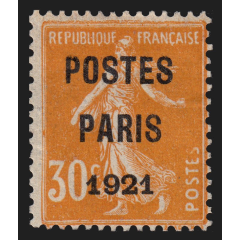 Préoblitérés n°29, Semeuse 30c orange surchargé POSTES PARIS 1921, neuf (*) TB