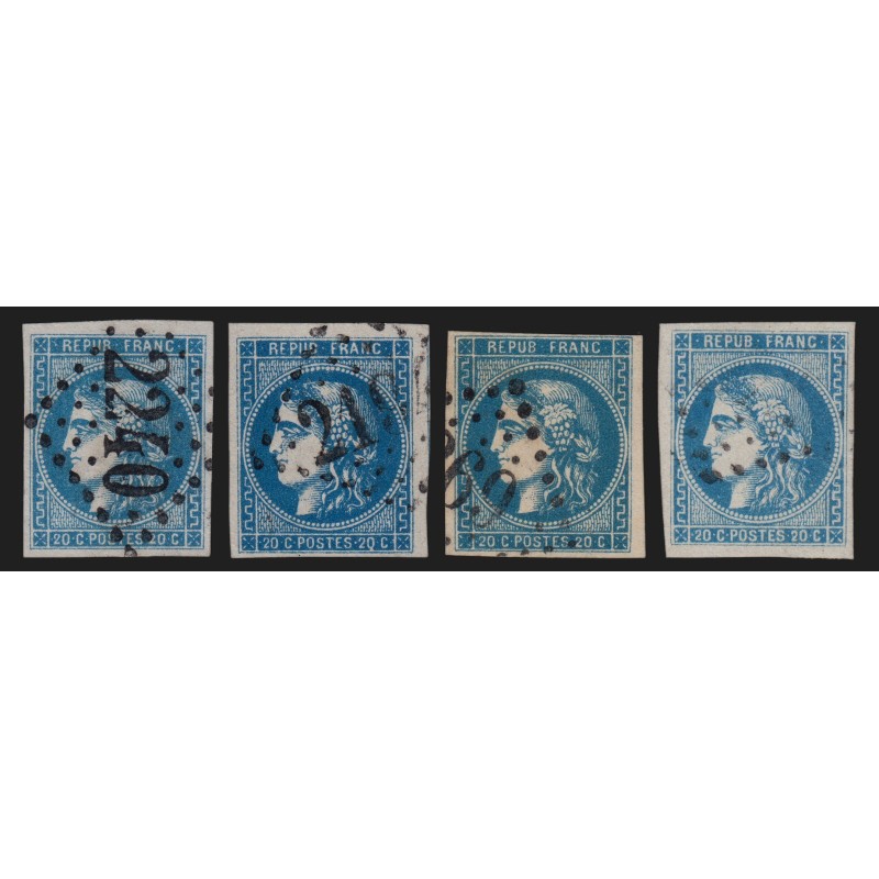 n°46B/46Ba/46Bb/46Bc, les 4 nuances, Cérès Bordeaux 20c bleu, Type III R2 - TTB