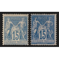 n°90 x2 nuances de couleur, Sage 15c bleu, neufs * avec charnière - B/TB