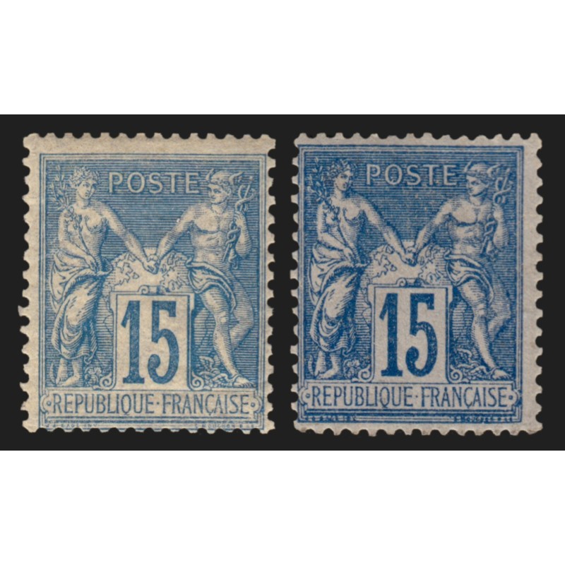 n°90 x2 nuances de couleur, Sage 15c bleu, neufs * avec charnière - B/TB