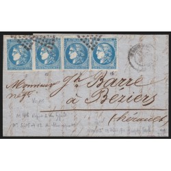 n°46B, 20c bleu en 4 ex. oblitérés Nîmes 13/SEPT./1871 sur lettre - Certificat