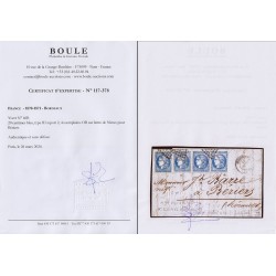 n°46B, 20c bleu en 4 ex. oblitérés Nîmes 13/SEPT./1871 sur lettre - Certificat