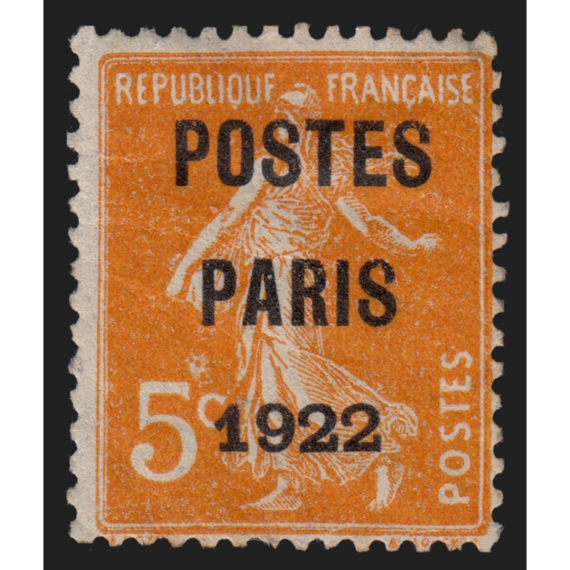 Préoblitérés n°30, Semeuse 5c orange surchargé POSTES PARIS 1922, neuf * - B/TB