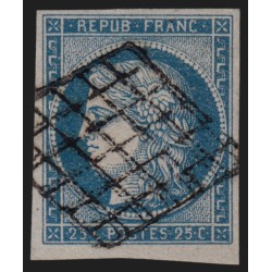 n°4, Cérès 1850, 25c bleu, oblitéré grille noire - TB