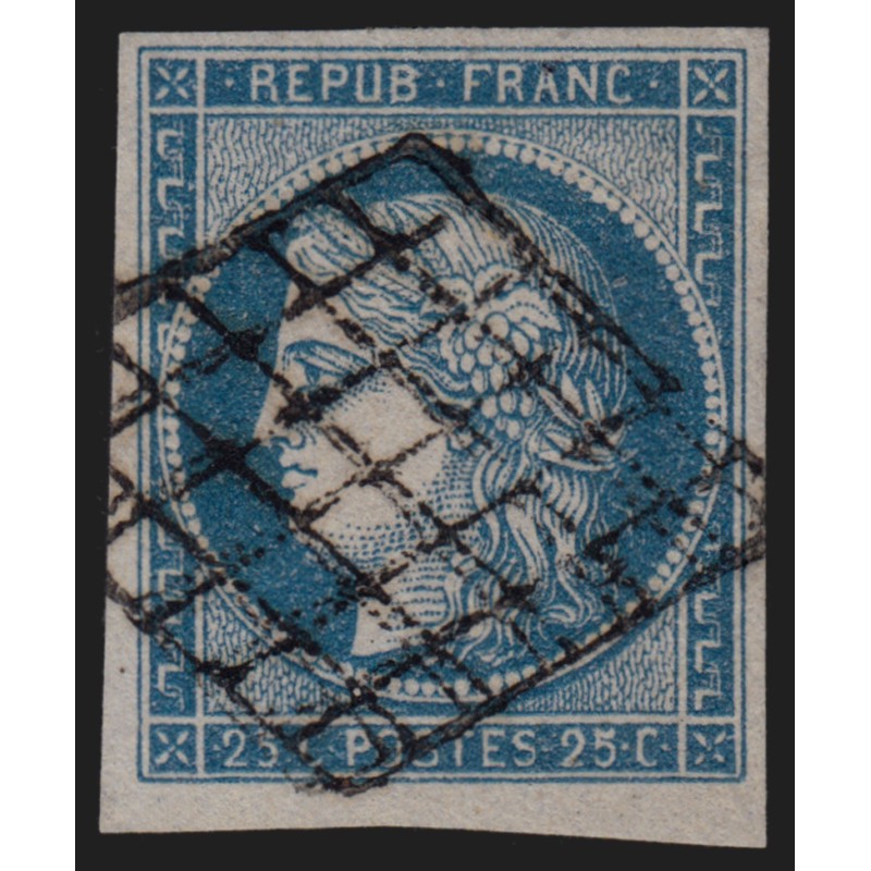 n°4, Cérès 1850, 25c bleu, oblitéré grille noire - TB