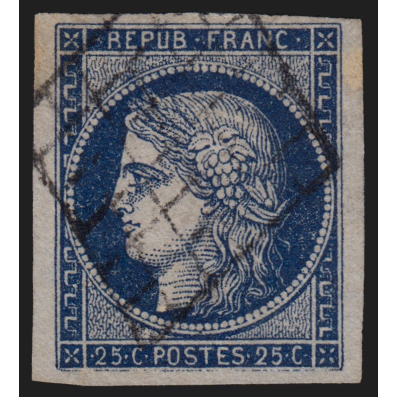 n°4a, Cérès 1850, 25c bleu-foncé, oblitéré grille - SUPERBE