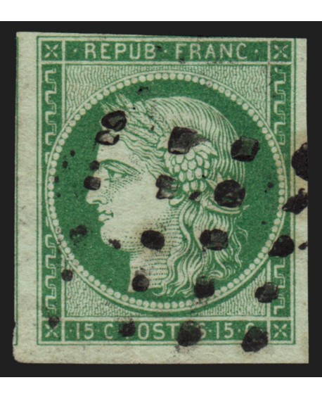 n°2, Cérès 1850, 15c vert, oblitéré gros points - TB D'ASPECT