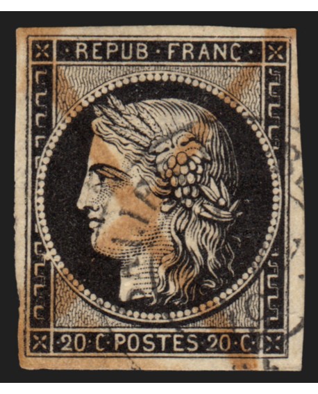 n°3, Cérès 20c noir oblitéré Janvier 1849 càd SALIES-DE-BEARN + plume - B/TB