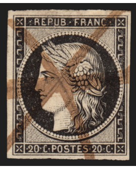 n°3a, Cérès 1849, 20c noir sur blanc, oblitéré plume - TB