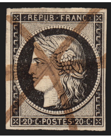 n°3a, Cérès 1849, 20c noir sur blanc, oblitéré plume - TB