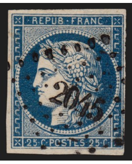 n°4, Cérès 1850, 25c bleu, oblitéré PC 2045 MONSOL indice 11 - TB