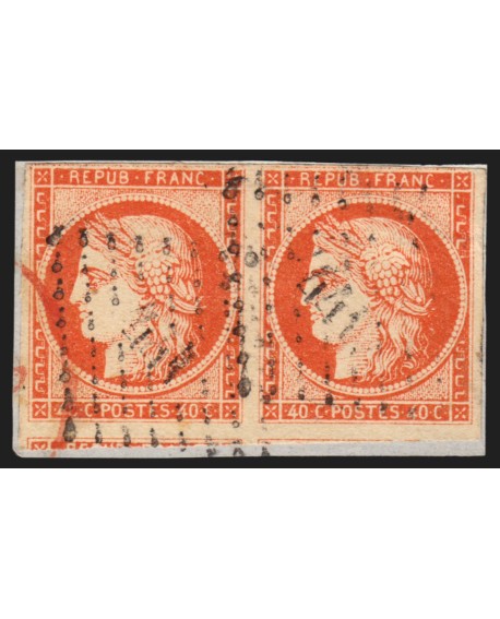 n°5 paire, Cérès 1849, 40c orange, nuance vive, sur fragment - TB D'ASPECT