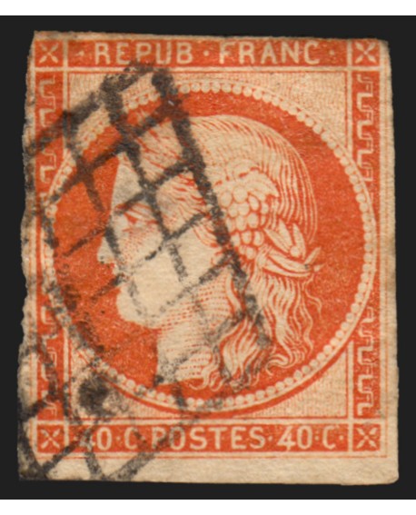 n°5, Cérès 1849, 40c orange-vif, oblitéré grille, pièce d'attente