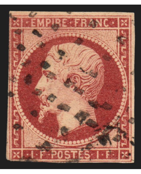 n°18, Napoléon non-dentelé, 1fr carmin, oblitéré gros points carrés - BEAU