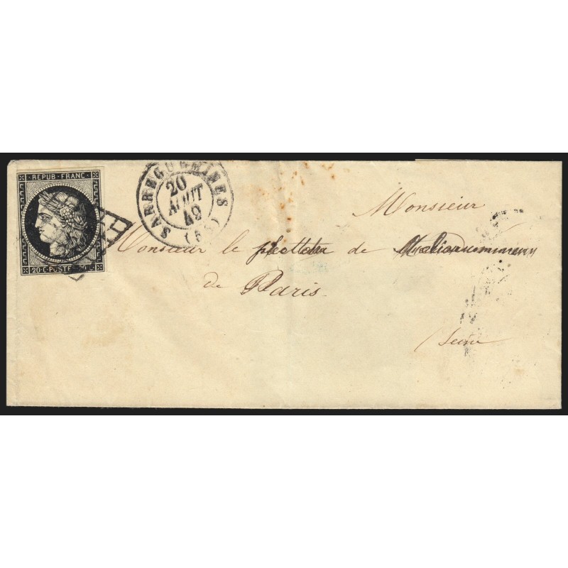 n°3, Cérès 20c noir, oblitéré SARREGUEMINES 1849 lettre pour Paris - B/TB