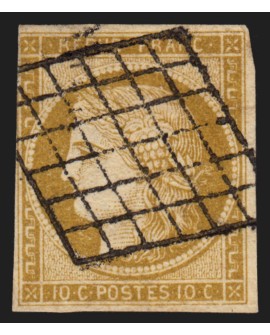 n°1, Cérès 1850, 10c bistre-jaune, oblitéré grille noire - B/TB
