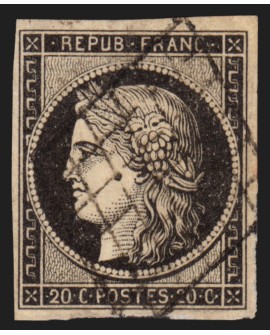n°3, Cérès 1849, 20c noir sur jaune, oblitéré, signé A.BRUN - TB