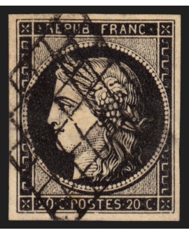 n°3, Cérès 1849, 20c noir sur jaune, oblitéré grille noire - TTB