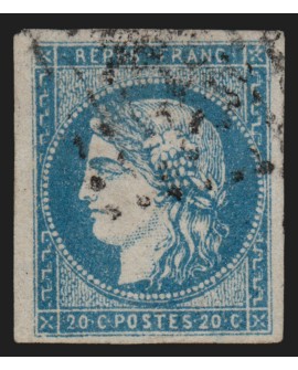 n°44A, Cérès Bordeaux 20c bleu, Type I Report 1, oblitéré, signé A.BRUN - TB