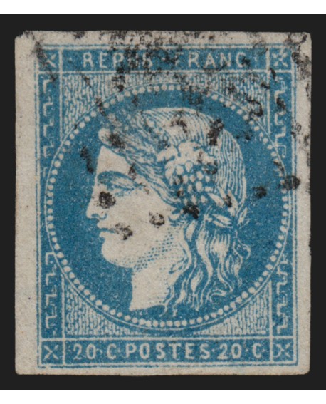 n°44A, Cérès Bordeaux 20c bleu, Type I Report 1, oblitéré, signé A.BRUN - TB