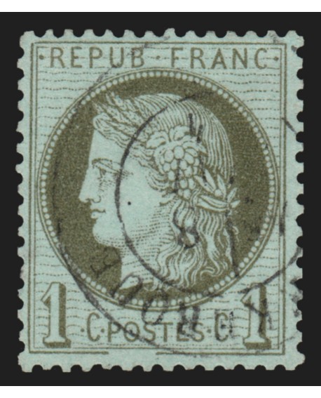 n°50b, variété "trait inférieur du cadre brisé", Cérès 1c vert-olive - TB