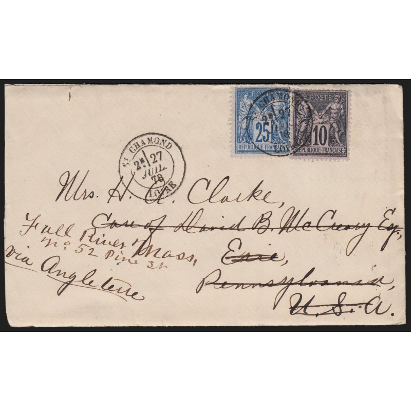 Sage n°79 + n°89 oblitérés càd SAINT-CHAMOND sur lettre pour USA - TB