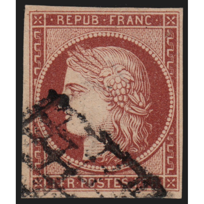 n°6, Cérès 1849, 1fr carmin, oblitéré grille - TB