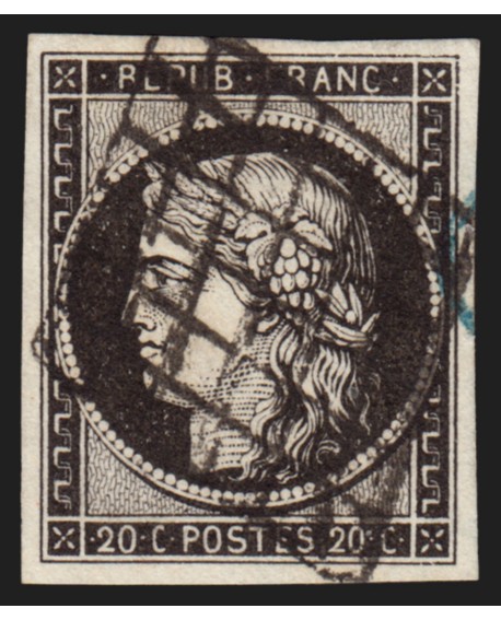 n°3a, Cérès 1849, 20c noir sur blanc, oblitéré grille noire - TB