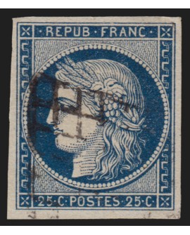 n°4, Cérès 1850, 25c bleu, oblitéré grille noire - TB