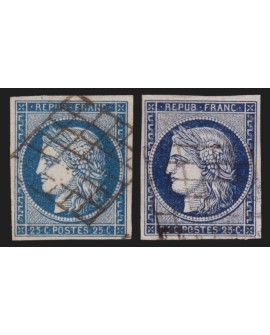 n°4/4a, Cérès 1850, 25c bleu en 2 jolies nuances, oblitérés - TB