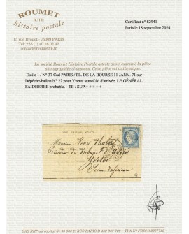 Ballon monté "Le Général Faidherbe", sur Dépêche-ballon n°22, Certificat ROUMET