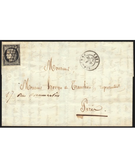 n°3, Cérès 20c noir, oblitéré LIBOURNE lettre pour Paris 1850 - TB