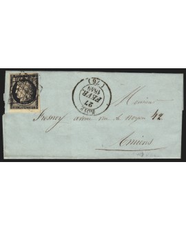 n°3, Cérès 20c noir, oblitéré ROYE Somme 27/FEVR./1849 lettre pour Amiens - TB