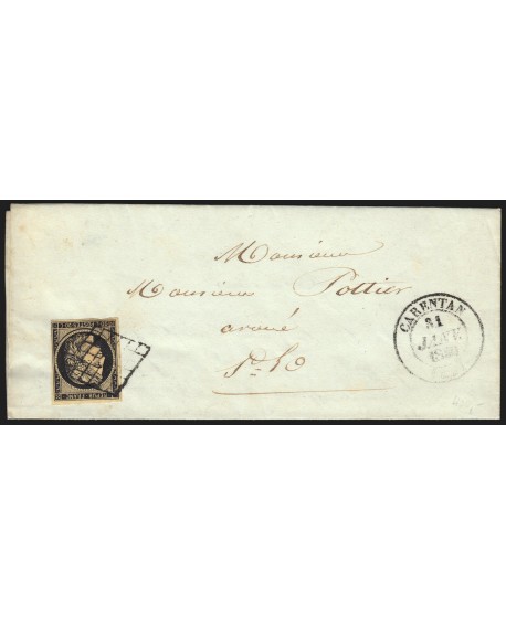 n°3, Cérès 20c noir, oblitéré CARENTAN lettre pour Saint-Lô 1850 - TB