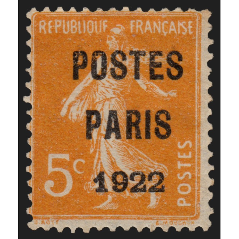 Préoblitérés n°30, Semeuse 5c orange POSTES PARIS 1922, neuf * avec charnière