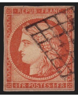 n°7, Cérès 1849, 1fr vermillon, signé CALVES, A.BRUN + Certificat - TB D'ASPECT