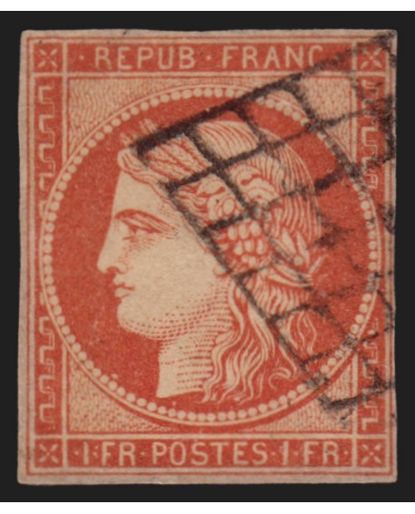 n°7, Cérès 1849, 1fr vermillon, signé CALVES, A.BRUN + Certificat - TB D'ASPECT