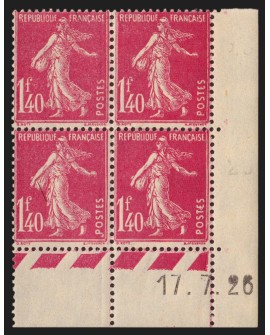 n°196, bloc de quatre coin daté 1926, Semeuse camée 1fr40 rose, neuf **/* - TB