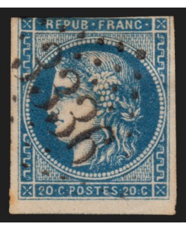 n°45A, Cérès Bordeaux, 20c bleu, Type II Report 1, oblitéré GC 3336 SAVENAY