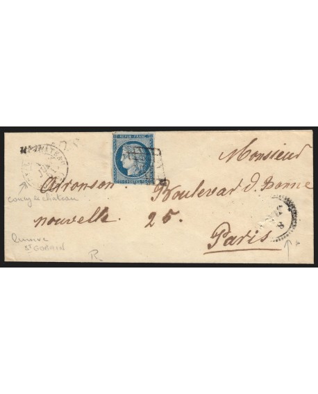 n°4, oblitéré COUCY-LE-CHÂTEAU + cursive ST-GOBAIN + bloc-dateur 1851 - RARE