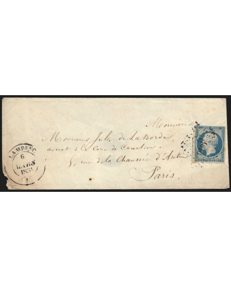 n°10, Présidence 25c bleu, oblitéré PC 1626 LAMBESC lettre pour Paris 1854